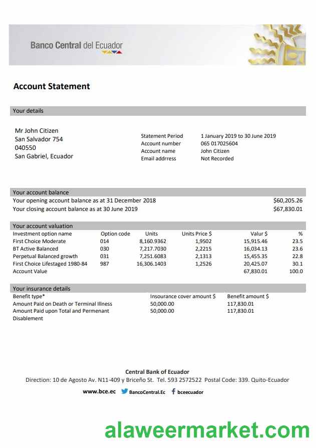 Ecuador Central Bank of Ecuador bank statement